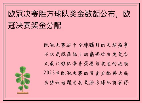 欧冠决赛胜方球队奖金数额公布，欧冠决赛奖金分配