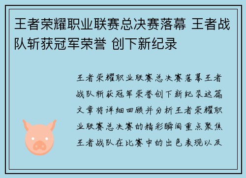 王者荣耀职业联赛总决赛落幕 王者战队斩获冠军荣誉 创下新纪录