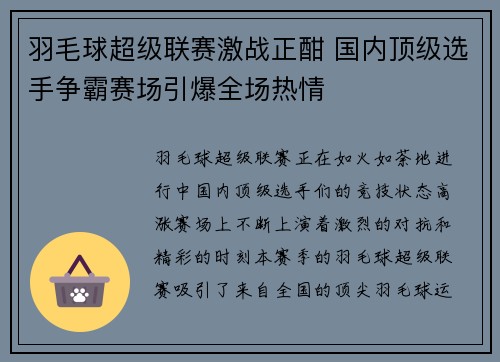 羽毛球超级联赛激战正酣 国内顶级选手争霸赛场引爆全场热情
